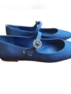 Larroude Blue Denim Mary Jane Flats with Rhinestone Buckle